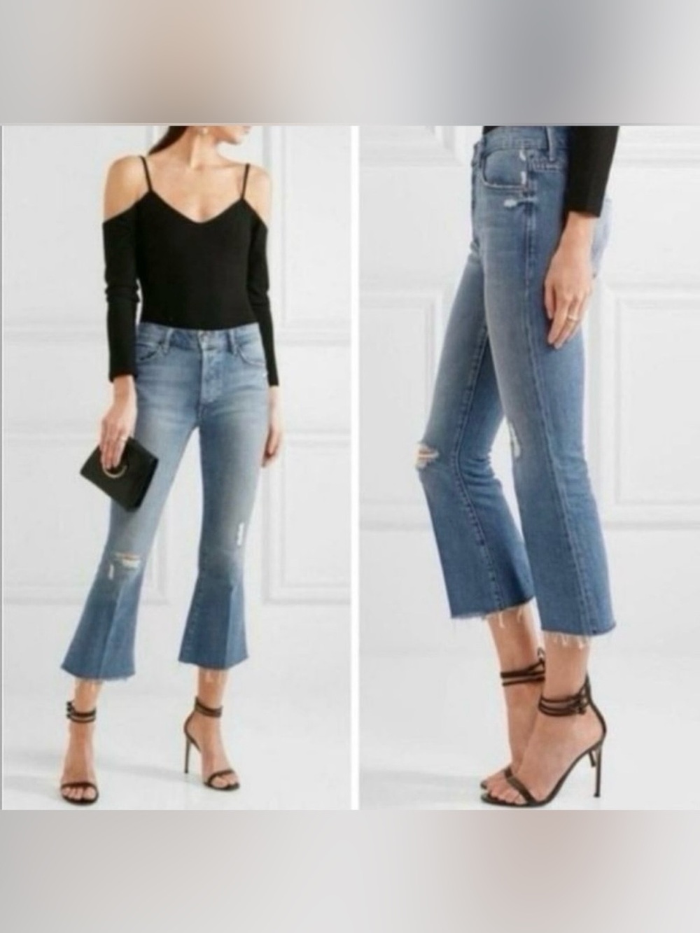 MOTHER The NOMAD Crop Fray Light Blue Cropped Flare Distressed Jeans